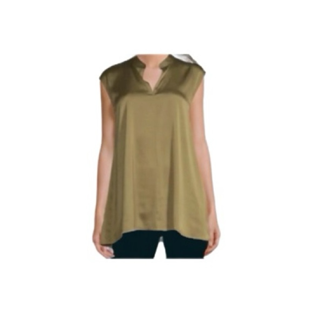 Eileen Fisher Stretch Silk Top olive Green Blouse Mandarin Breezy